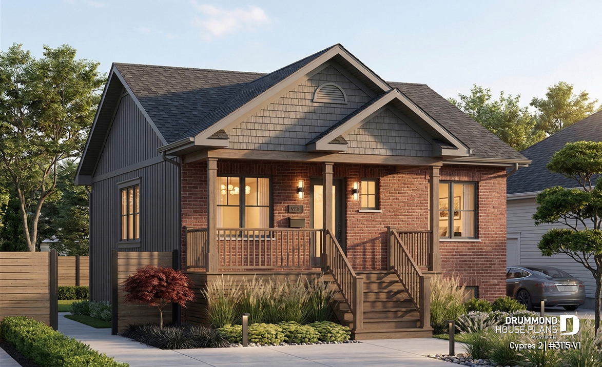 front - BASE MODEL - Small ranch bungalow with brick siding (front elevation), 2 bedrooms, open concept, rised unfinished basement - Cypres 2