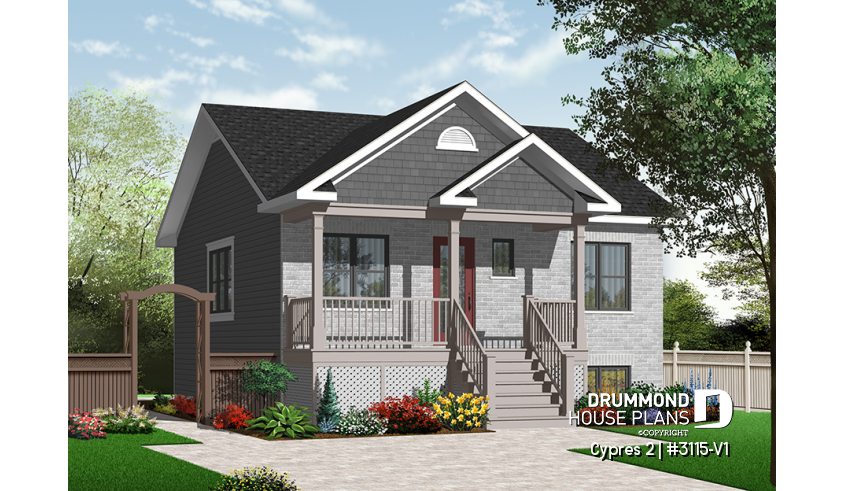 front - BASE MODEL - Small ranch bungalow with brick siding (front elevation), 2 bedrooms, open concept, rised unfinished basement - Cypres 2
