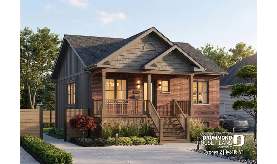 front - BASE MODEL - Small ranch bungalow with brick siding (front elevation), 2 bedrooms, open concept, rised unfinished basement - Cypres 2