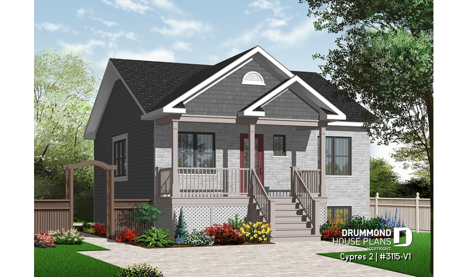 front - BASE MODEL - Small ranch bungalow with brick siding (front elevation), 2 bedrooms, open concept, rised unfinished basement - Cypres 2