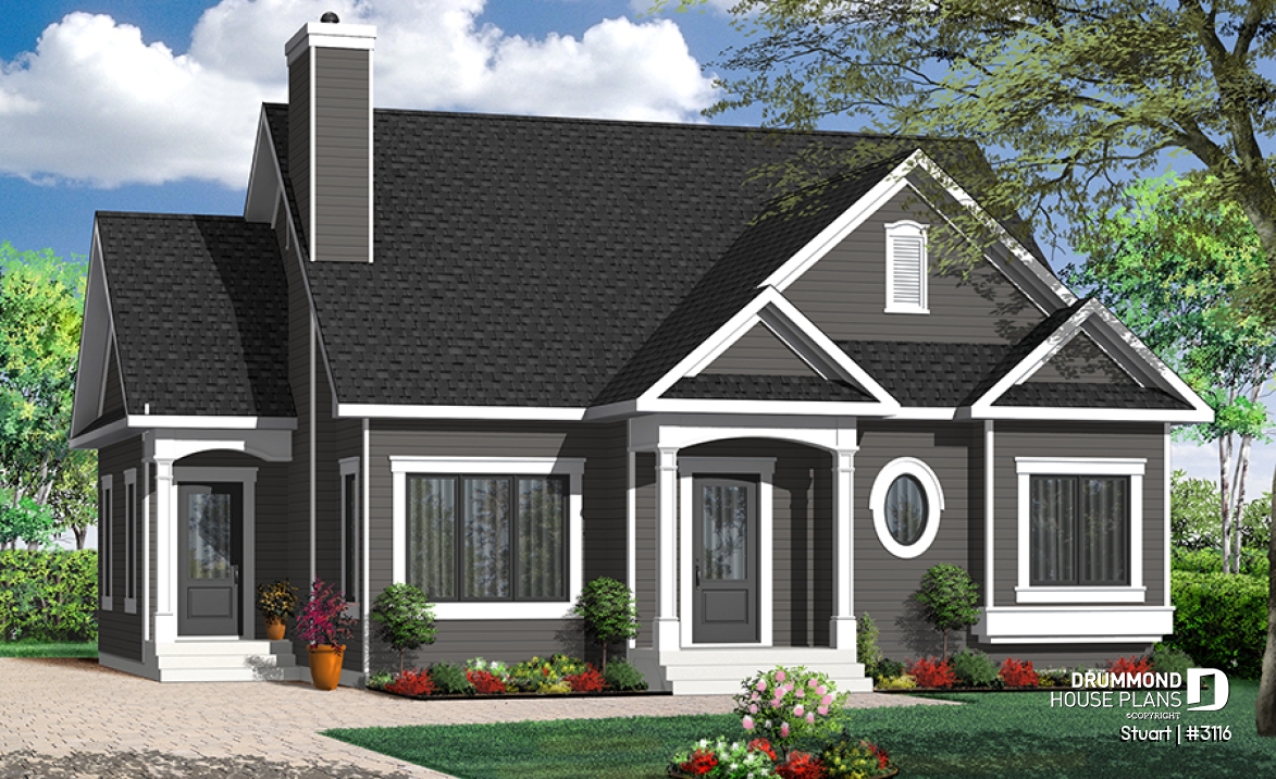 Color version 2 - Front - Economical 2 bedroom single storey home plan, fireplace, laundry room on main floor, unfinished basement - Stuart