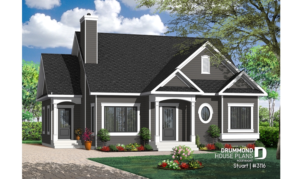 Color version 2 - Front - Economical 2 bedroom single storey home plan, fireplace, laundry room on main floor, unfinished basement - Stuart