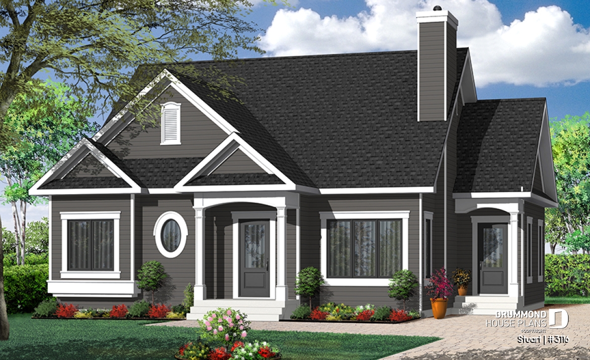 Color version 2 - Front - Economical 2 bedroom single storey home plan, fireplace, laundry room on main floor, unfinished basement - Stuart