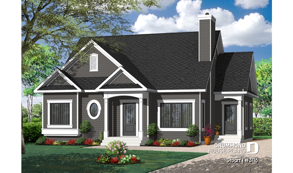 Color version 2 - Front - Economical 2 bedroom single storey home plan, fireplace, laundry room on main floor, unfinished basement - Stuart