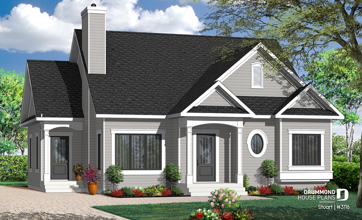 Color version 4 - Front - Economical 2 bedroom single storey home plan, fireplace, laundry room on main floor, unfinished basement - Stuart
