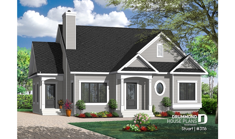 Color version 4 - Front - Economical 2 bedroom single storey home plan, fireplace, laundry room on main floor, unfinished basement - Stuart