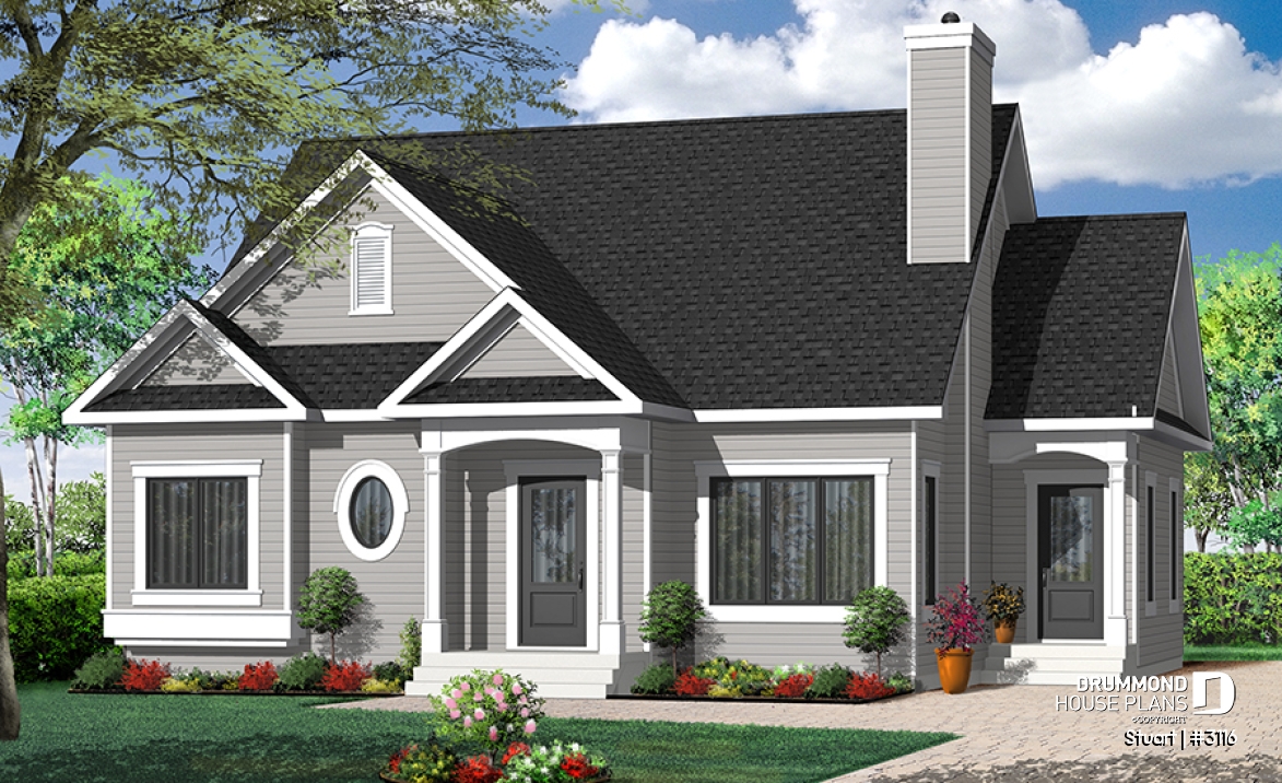 Color version 4 - Front - Economical 2 bedroom single storey home plan, fireplace, laundry room on main floor, unfinished basement - Stuart