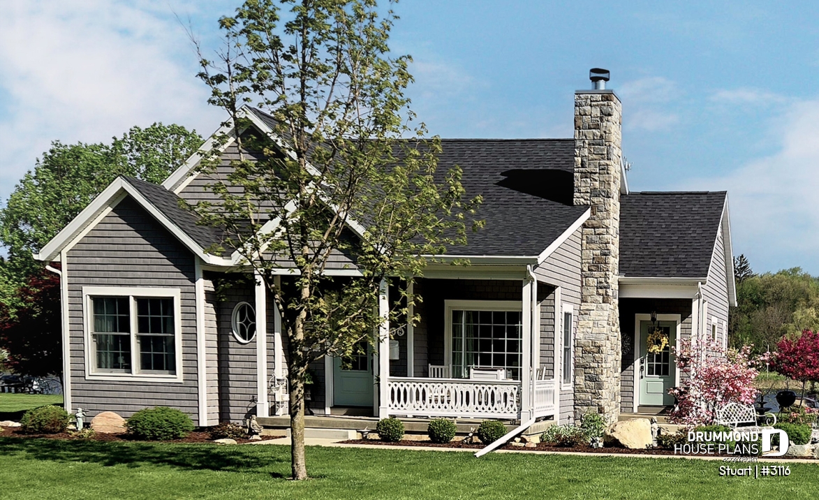 front - BASE MODEL - Economical 2 bedroom single storey home plan, fireplace, laundry room on main floor, unfinished basement - Stuart