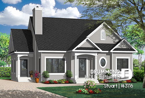 front - BASE MODEL - Economical 2 bedroom single storey home plan, fireplace, laundry room on main floor, unfinished basement - Stuart