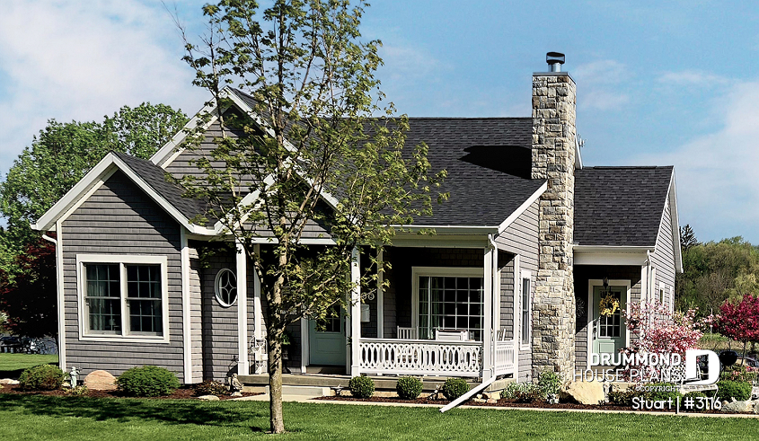 front - BASE MODEL - Economical 2 bedroom single storey home plan, fireplace, laundry room on main floor, unfinished basement - Stuart