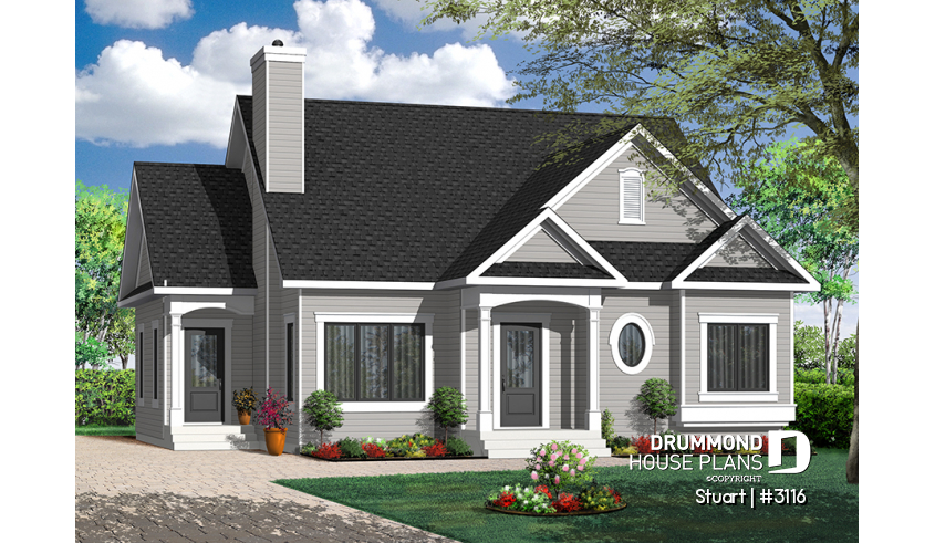 front - BASE MODEL - Economical 2 bedroom single storey home plan, fireplace, laundry room on main floor, unfinished basement - Stuart