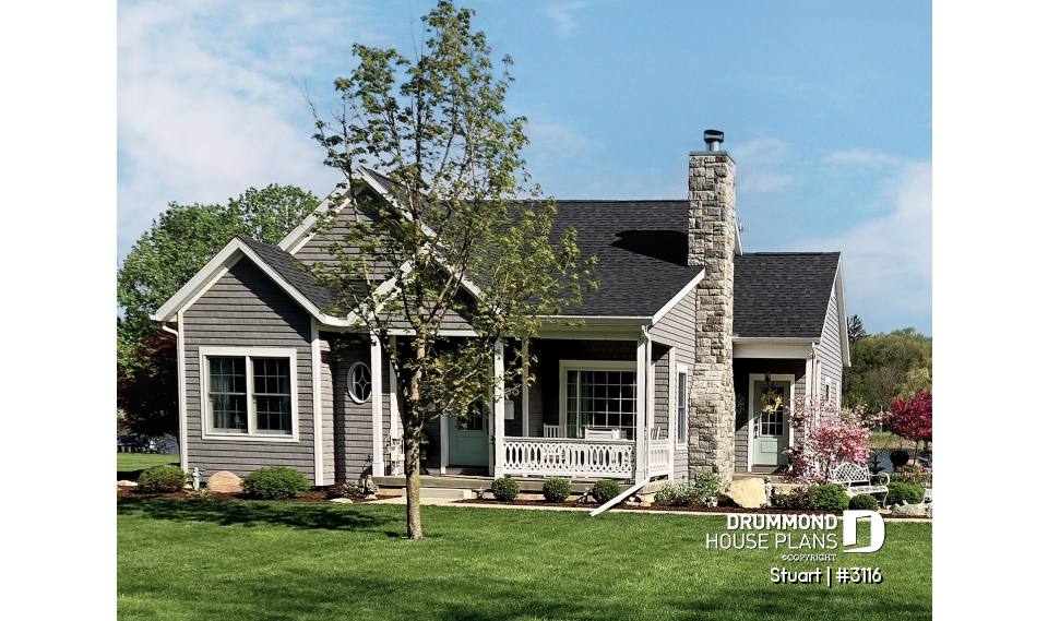 front - BASE MODEL - Economical 2 bedroom single storey home plan, fireplace, laundry room on main floor, unfinished basement - Stuart