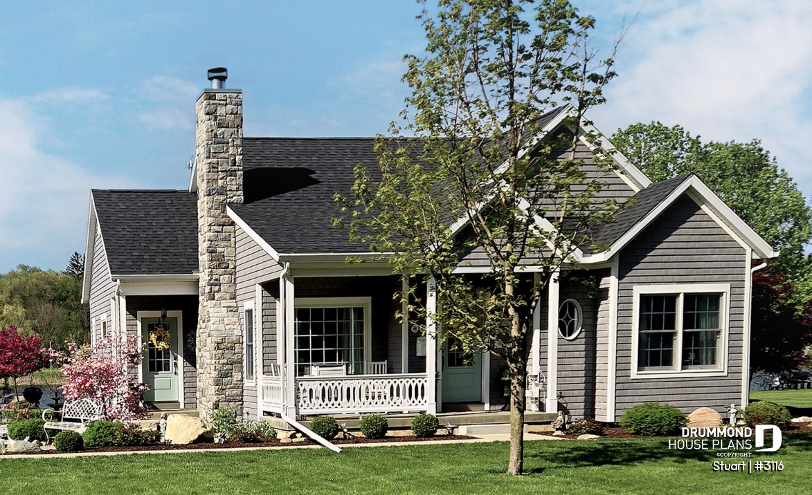 front - BASE MODEL - Economical 2 bedroom single storey home plan, fireplace, laundry room on main floor, unfinished basement - Stuart
