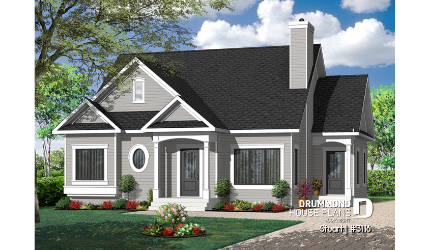 front - BASE MODEL - Economical 2 bedroom single storey home plan, fireplace, laundry room on main floor, unfinished basement - Stuart