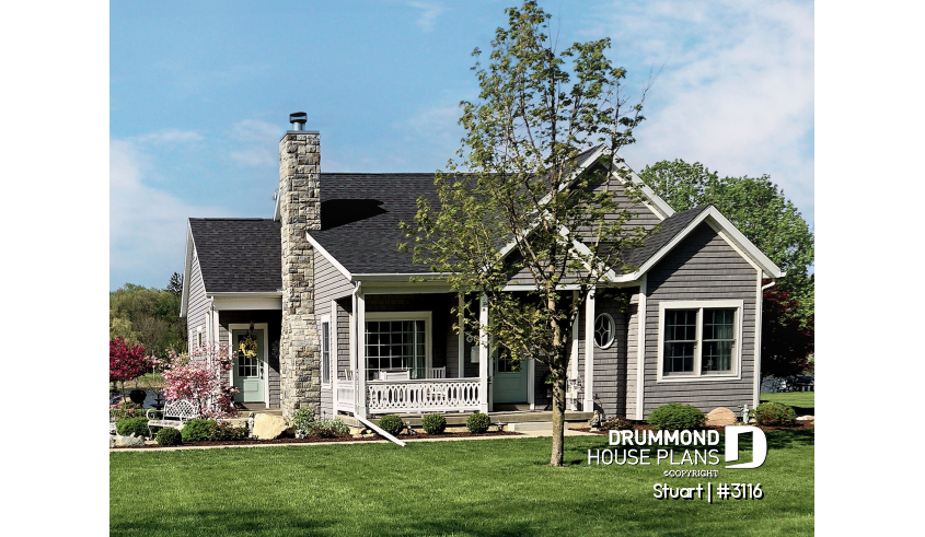 front - BASE MODEL - Economical 2 bedroom single storey home plan, fireplace, laundry room on main floor, unfinished basement - Stuart