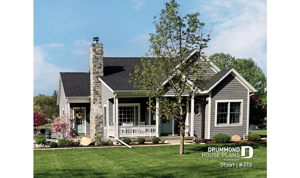 front - BASE MODEL - Economical 2 bedroom single storey home plan, fireplace, laundry room on main floor, unfinished basement - Stuart