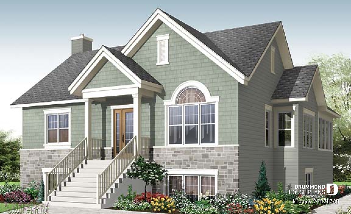 front - BASE MODEL - Affordable 2 bedroom one-storey country style house plan, finished basement (2 more beds), screened in porch - Killarney 2