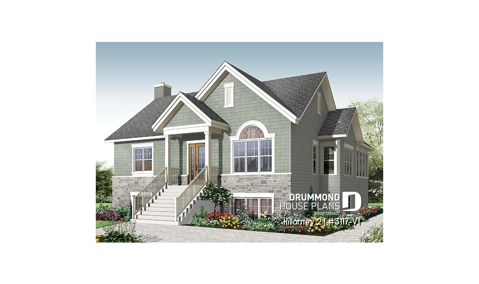 front - BASE MODEL - Affordable 2 bedroom one-storey country style house plan, finished basement (2 more beds), screened in porch - Killarney 2