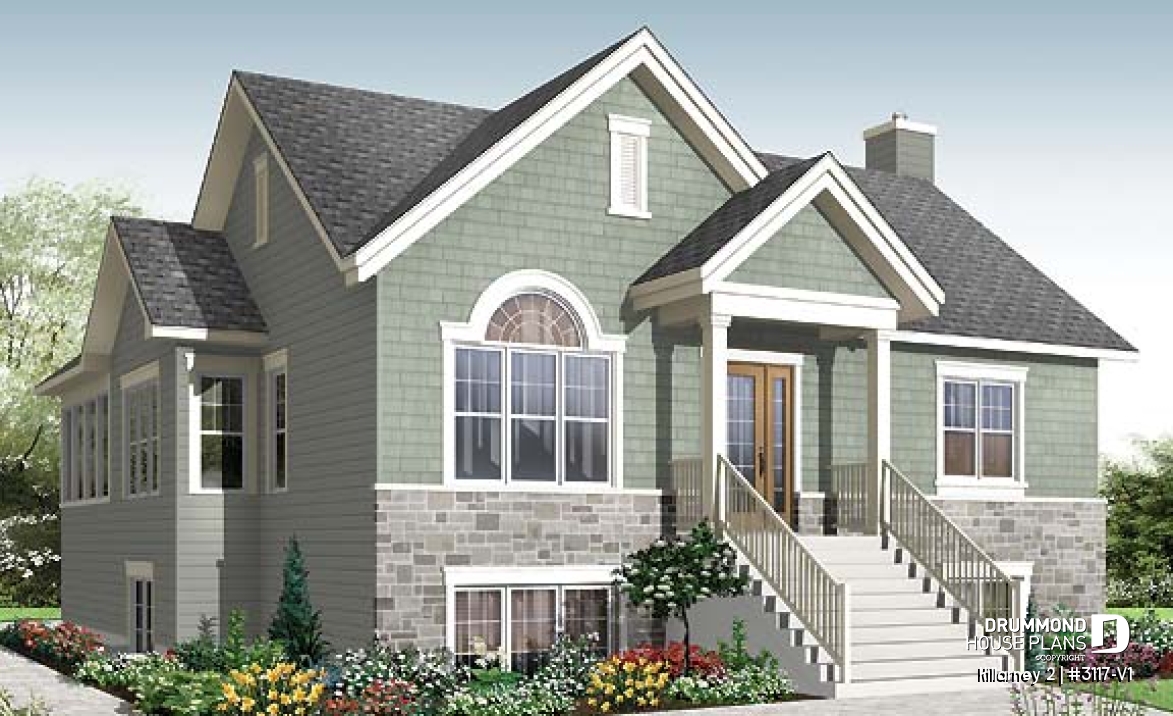front - BASE MODEL - Affordable 2 bedroom one-storey country style house plan, finished basement (2 more beds), screened in porch - Killarney 2