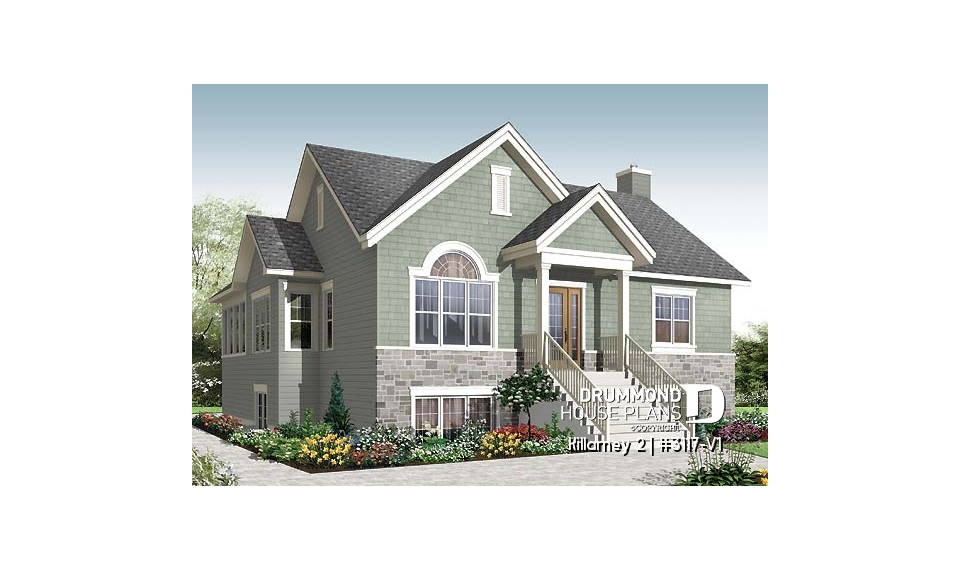 front - BASE MODEL - Affordable 2 bedroom one-storey country style house plan, finished basement (2 more beds), screened in porch - Killarney 2