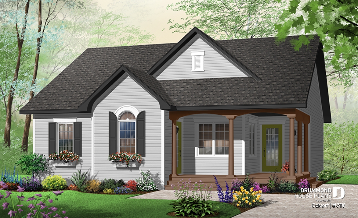 Color version 1 - Front - Affordable 2 bedroom bungalow with kitchen island, great open floor plan and affordable construction costs - Calvert