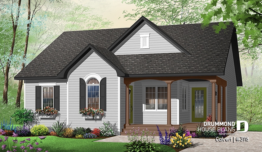 Color version 1 - Front - Affordable 2 bedroom bungalow with kitchen island, great open floor plan and affordable construction costs - Calvert