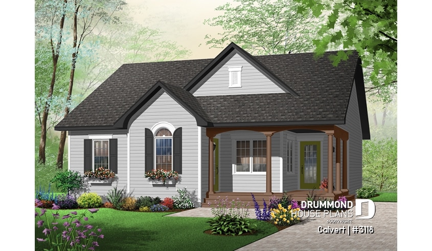 Color version 1 - Front - Affordable 2 bedroom bungalow with kitchen island, great open floor plan and affordable construction costs - Calvert