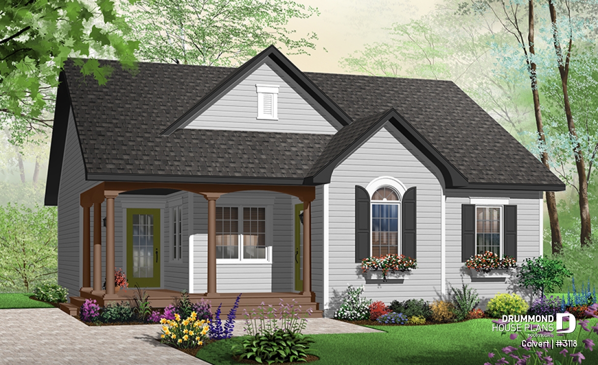 Color version 1 - Front - Affordable 2 bedroom bungalow with kitchen island, great open floor plan and affordable construction costs - Calvert