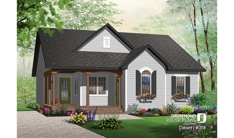 Color version 1 - Front - Affordable 2 bedroom bungalow with kitchen island, great open floor plan and affordable construction costs - Calvert