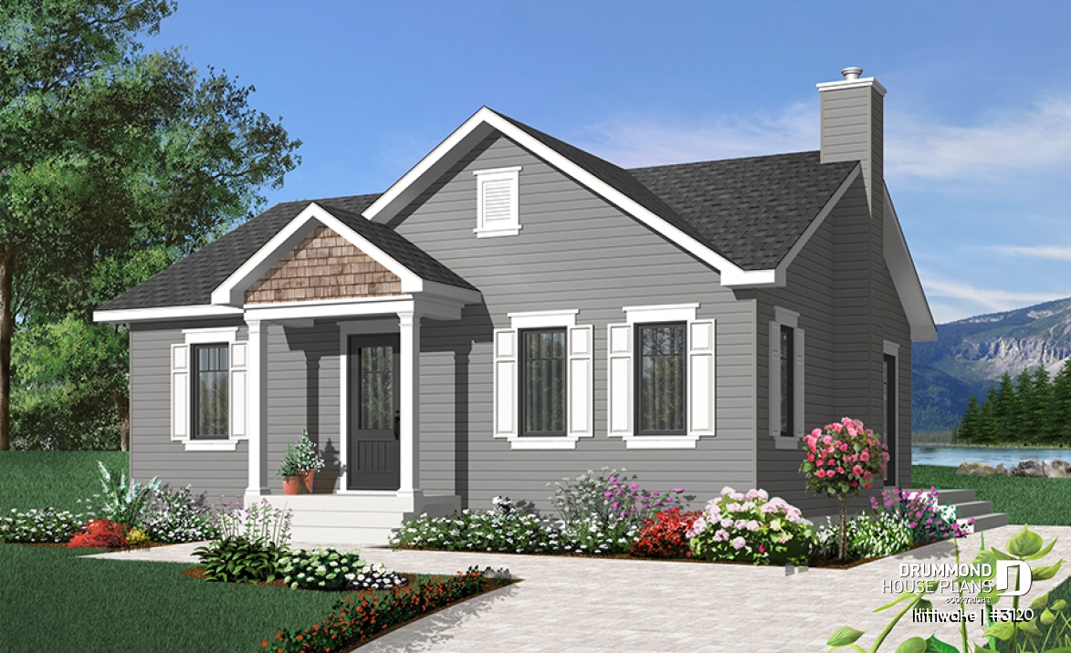 front - BASE MODEL - 2 bedroom bungalow house plan with convivial floor plan and large walk-in closet in master bedroom - Kittiwake