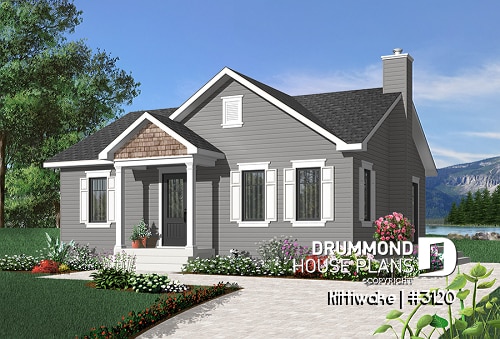 front - BASE MODEL - 2 bedroom bungalow house plan with convivial floor plan and large walk-in closet in master bedroom - Kittiwake