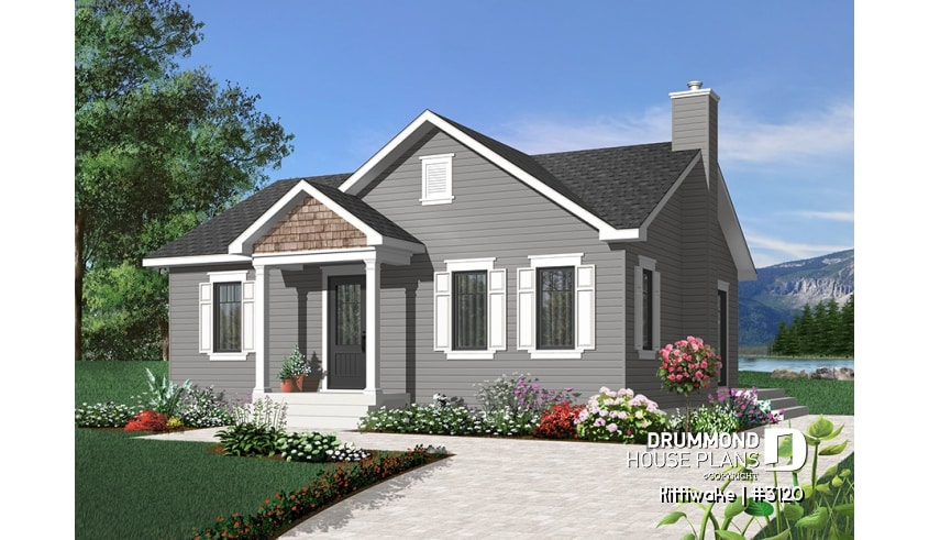 front - BASE MODEL - 2 bedroom bungalow house plan with convivial floor plan and large walk-in closet in master bedroom - Kittiwake