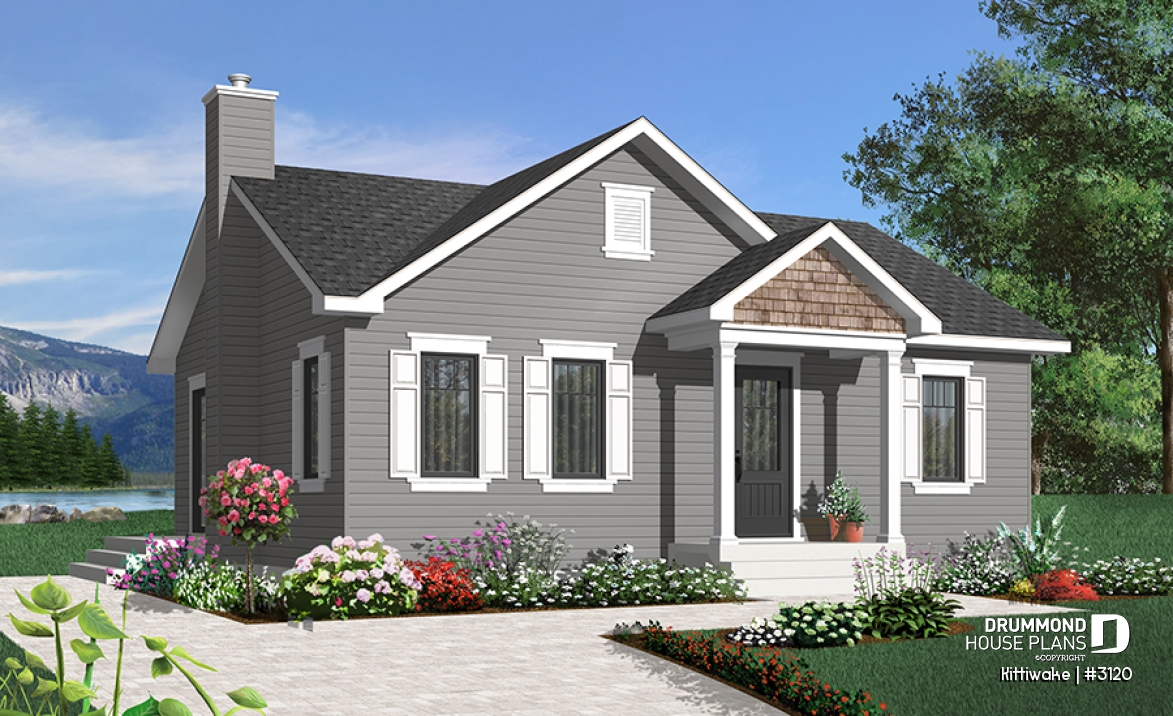 front - BASE MODEL - 2 bedroom bungalow house plan with convivial floor plan and large walk-in closet in master bedroom - Kittiwake