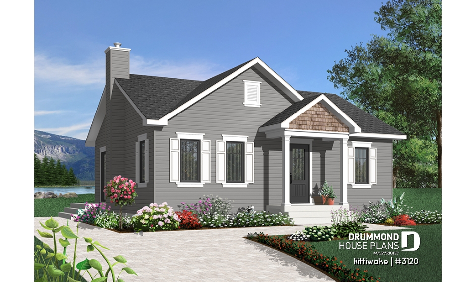 front - BASE MODEL - 2 bedroom bungalow house plan with convivial floor plan and large walk-in closet in master bedroom - Kittiwake