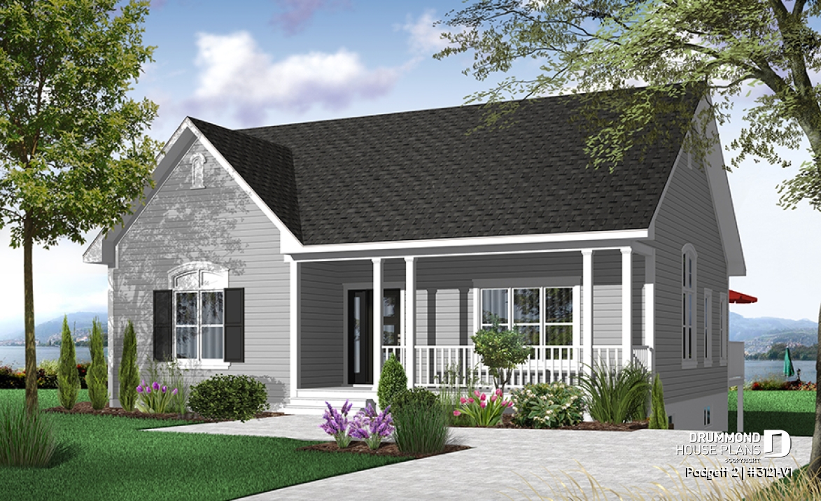 Color version 1 - Front - Cozy 2 -4 bedroom bungalow house plan, pantry and planning desk in kitchen, open floor plan with 9' ceiling,  - Padgett 2