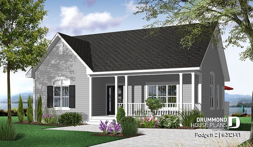 Color version 1 - Front - Cozy 2 -4 bedroom bungalow house plan, pantry and planning desk in kitchen, open floor plan with 9' ceiling,  - Padgett 2