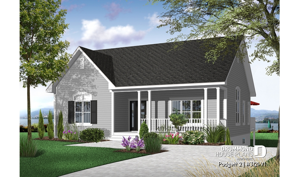 Color version 1 - Front - Cozy 2 -4 bedroom bungalow house plan, pantry and planning desk in kitchen, open floor plan with 9' ceiling,  - Padgett 2