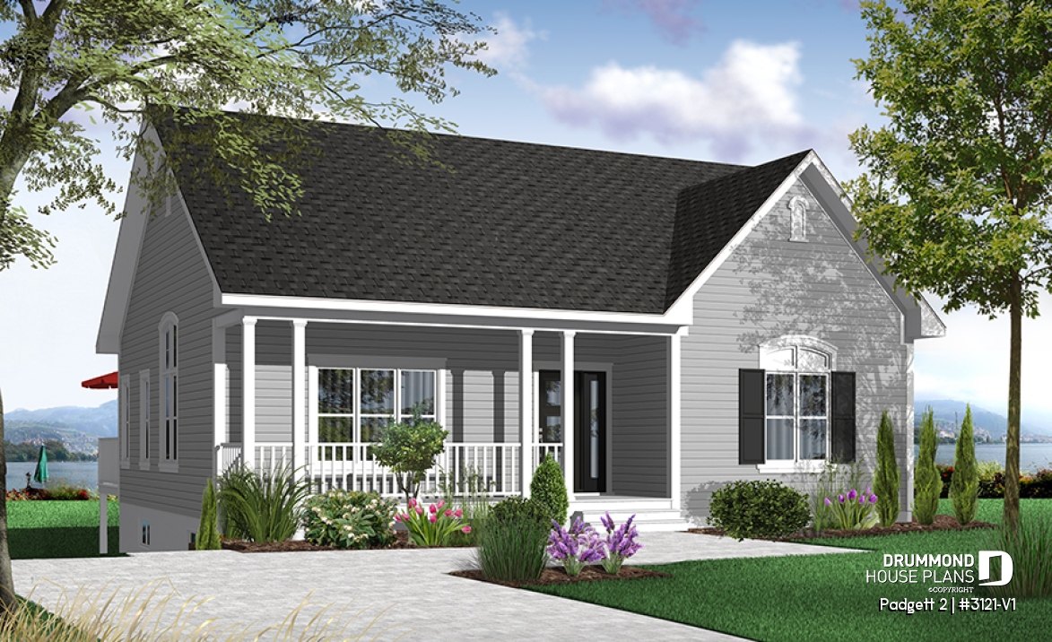 Color version 1 - Front - Cozy 2 -4 bedroom bungalow house plan, pantry and planning desk in kitchen, open floor plan with 9' ceiling,  - Padgett 2