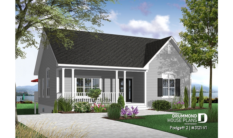 Color version 1 - Front - Cozy 2 -4 bedroom bungalow house plan, pantry and planning desk in kitchen, open floor plan with 9' ceiling,  - Padgett 2