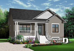 front - BASE MODEL - Affordable 2 bedroom transitional style bungalow house plan with full basement and veranda - Sandhill