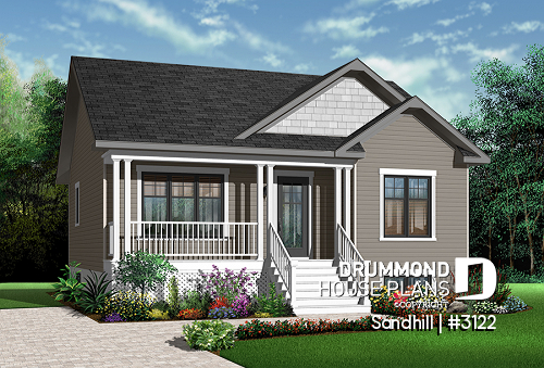 front - BASE MODEL - Affordable 2 bedroom transitional style bungalow house plan with full basement and veranda - Sandhill