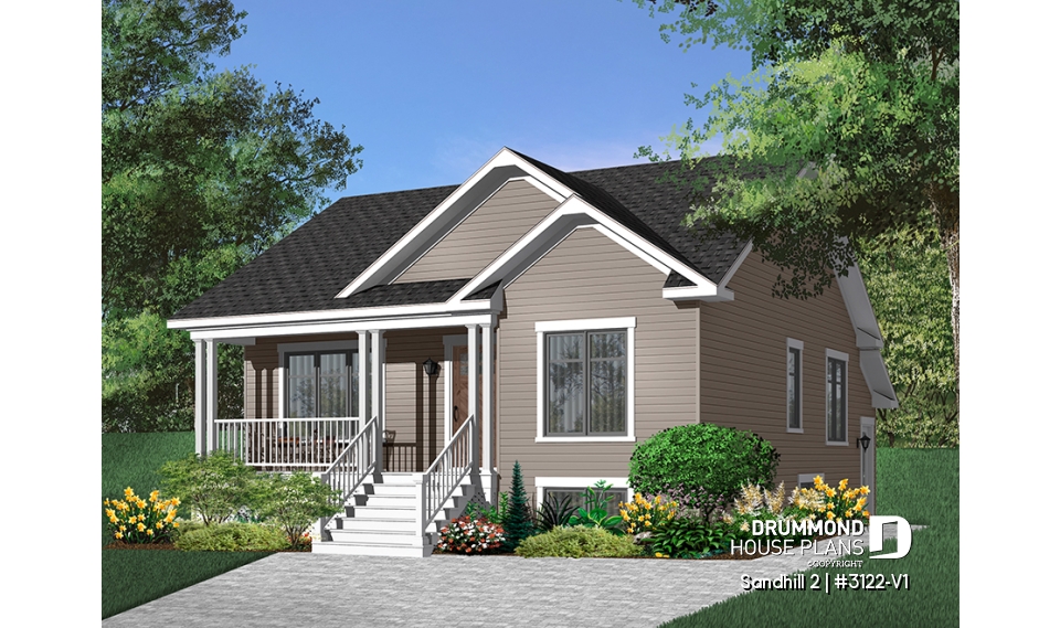 Color version 4 - Front - 2 bedroom Country style house plan with a 2 bedroom basement appartment, separate entrances - Sandhill 2