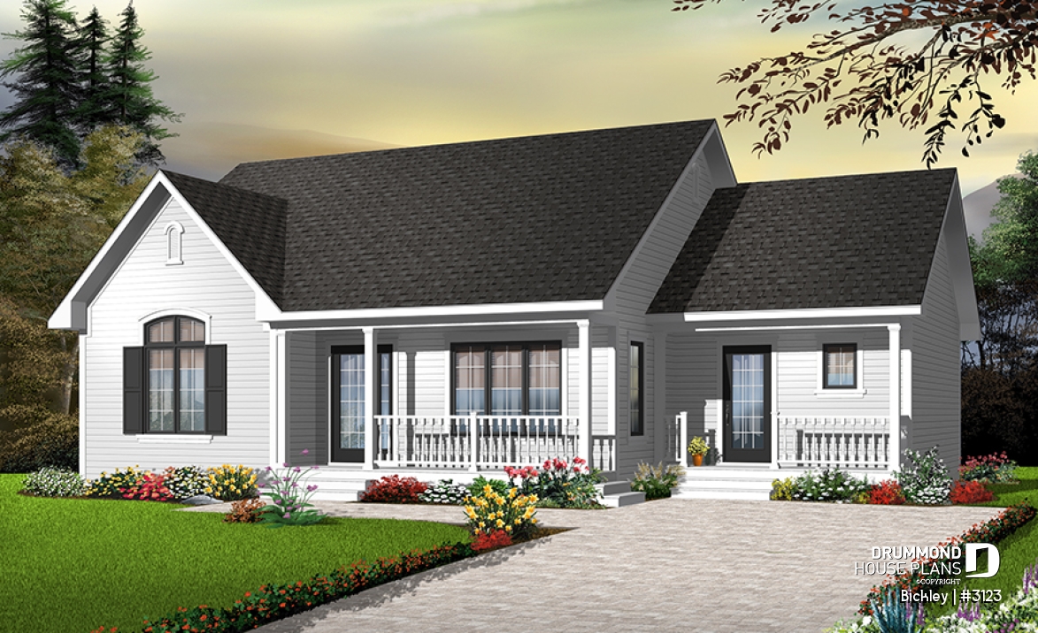 Color version 5 - Front - 3 bedroom bungalow house plan with 2 front entrances, laundry on main floor, kitchen island, large living room - Bickley