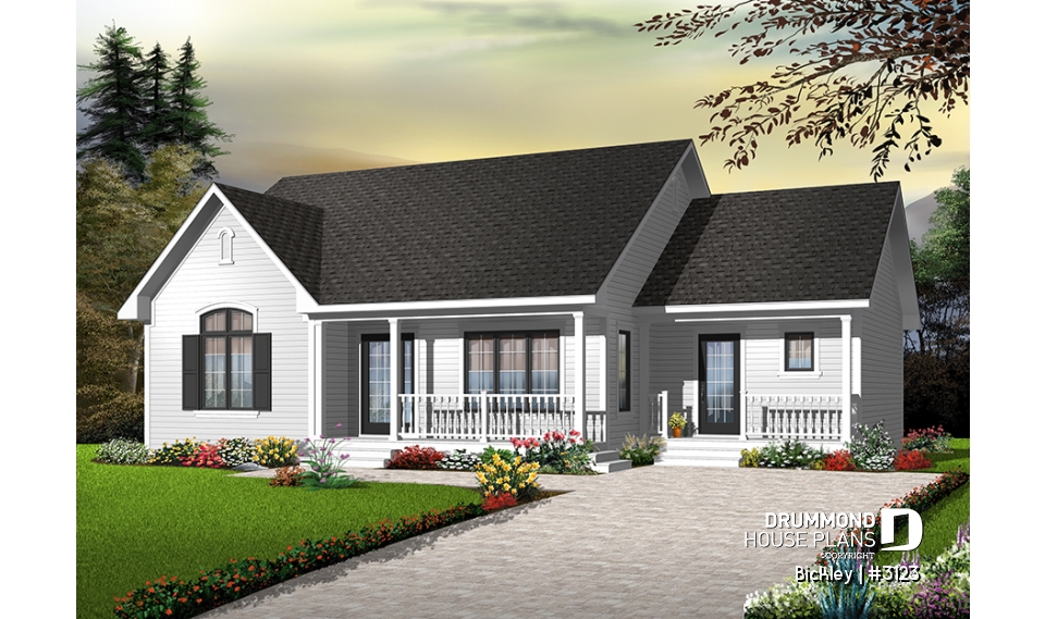 Color version 5 - Front - 3 bedroom bungalow house plan with 2 front entrances, laundry on main floor, kitchen island, large living room - Bickley