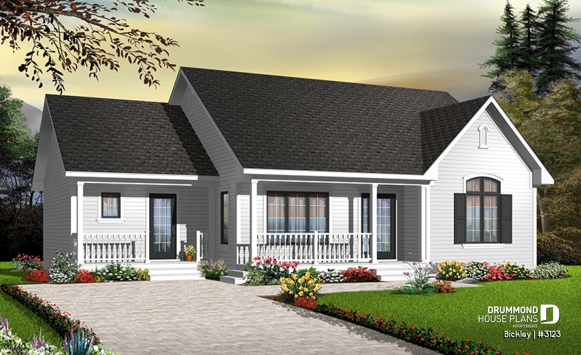 Color version 5 - Front - 3 bedroom bungalow house plan with 2 front entrances, laundry on main floor, kitchen island, large living room - Bickley