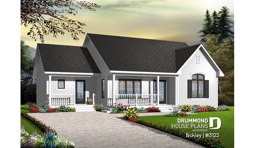 Color version 5 - Front - 3 bedroom bungalow house plan with 2 front entrances, laundry on main floor, kitchen island, large living room - Bickley