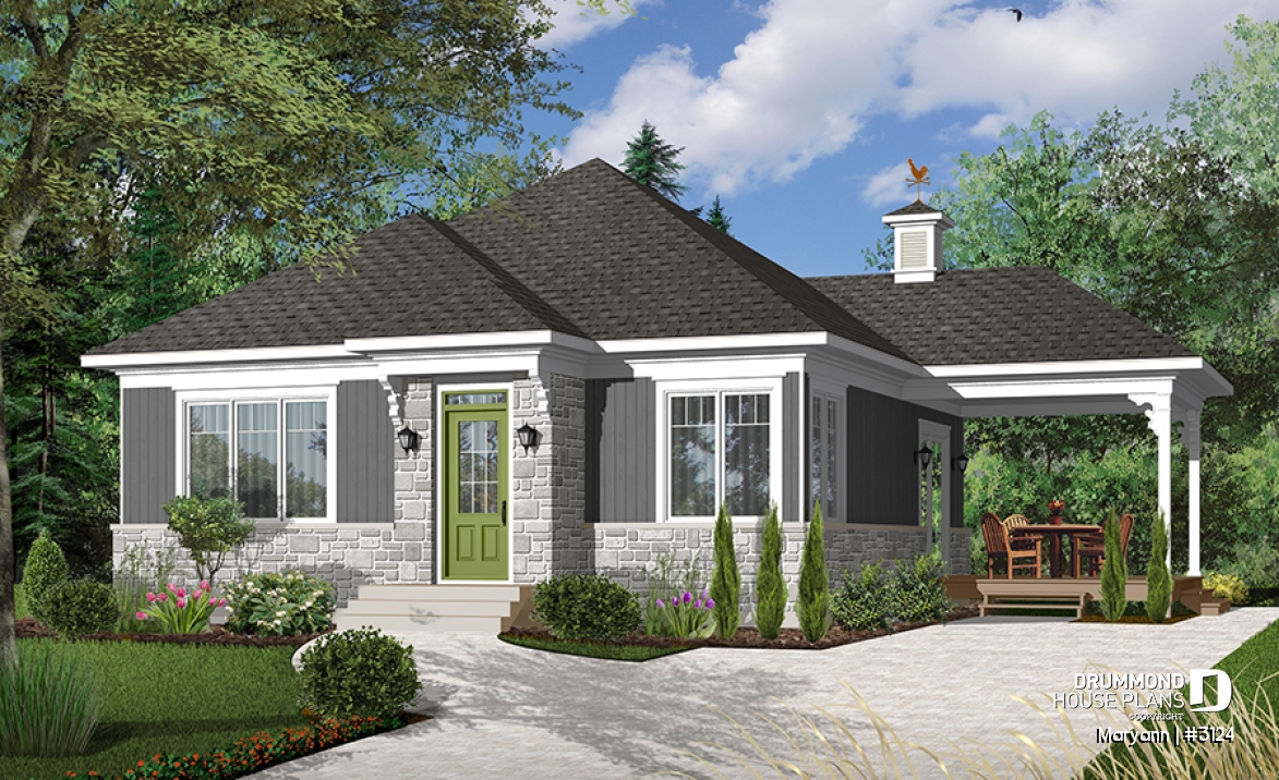 Color version 5 - Front - Economical 2 bedroom Bungalow home plan with covered terrace, laundry on main floor and 9' ceiling - Maryann