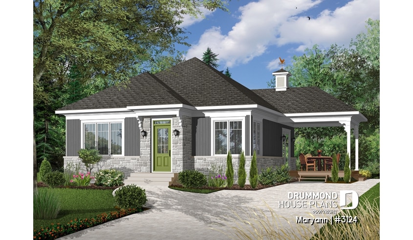 Color version 5 - Front - Economical 2 bedroom Bungalow home plan with covered terrace, laundry on main floor and 9' ceiling - Maryann
