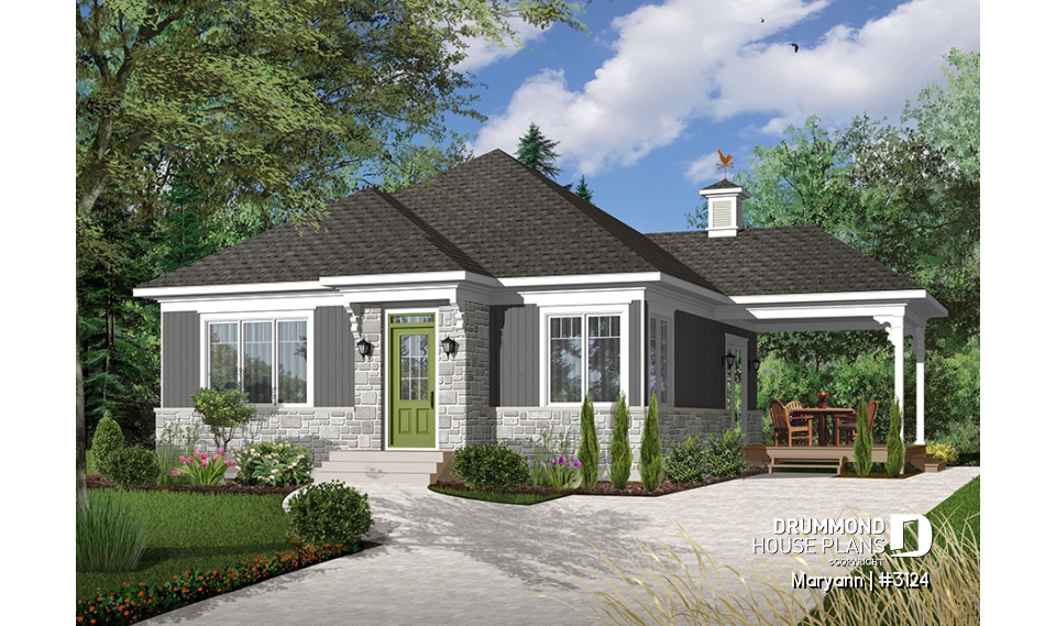 Color version 5 - Front - Economical 2 bedroom Bungalow home plan with covered terrace, laundry on main floor and 9' ceiling - Maryann
