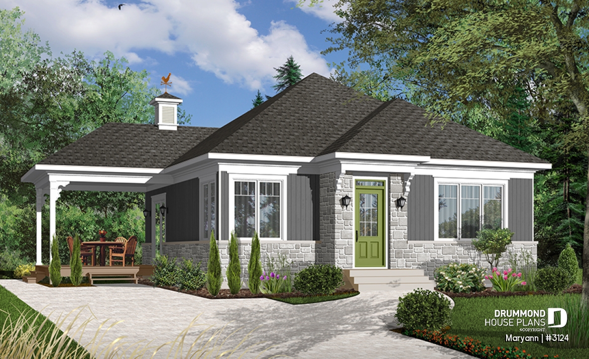 Color version 5 - Front - Economical 2 bedroom Bungalow home plan with covered terrace, laundry on main floor and 9' ceiling - Maryann